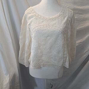 Angie Women's Blouse Top Cropped Boho Peasant Lace Floral Crochet One Size